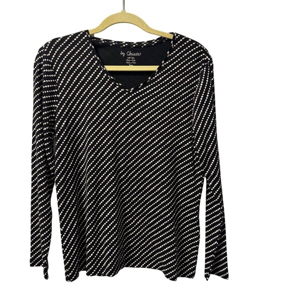 Chicos Womens Diagonal Stripe V-Neck Long Sleeve Top Size L Black & White 100% C - Picture 4 of 12